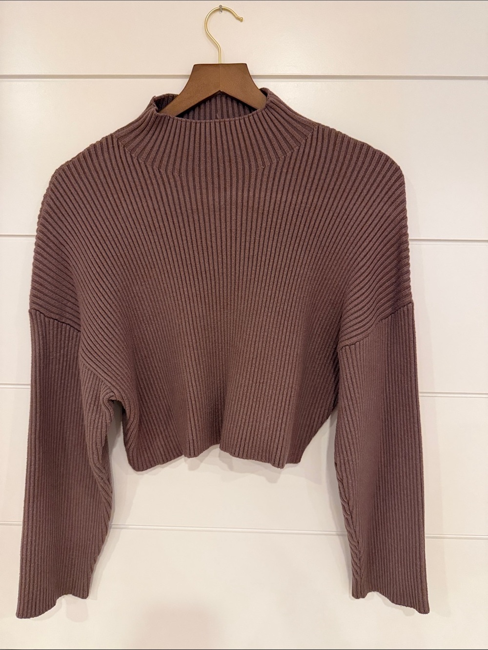 Zara Ribbed Cropped Mock Neck Sweater - Taupe Brown